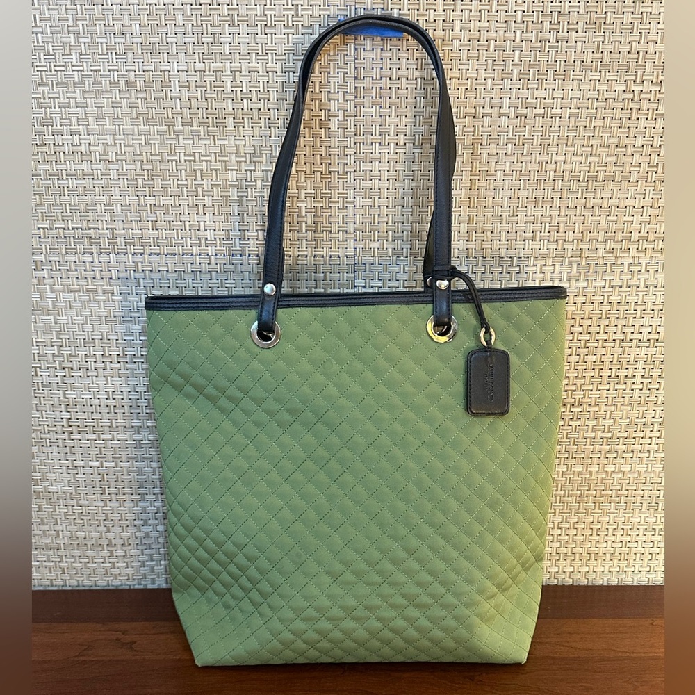🌟3xHP🌟VTG 1990s Green Quilted Tote Bag Dark Brown Leather Trim Casual Corner